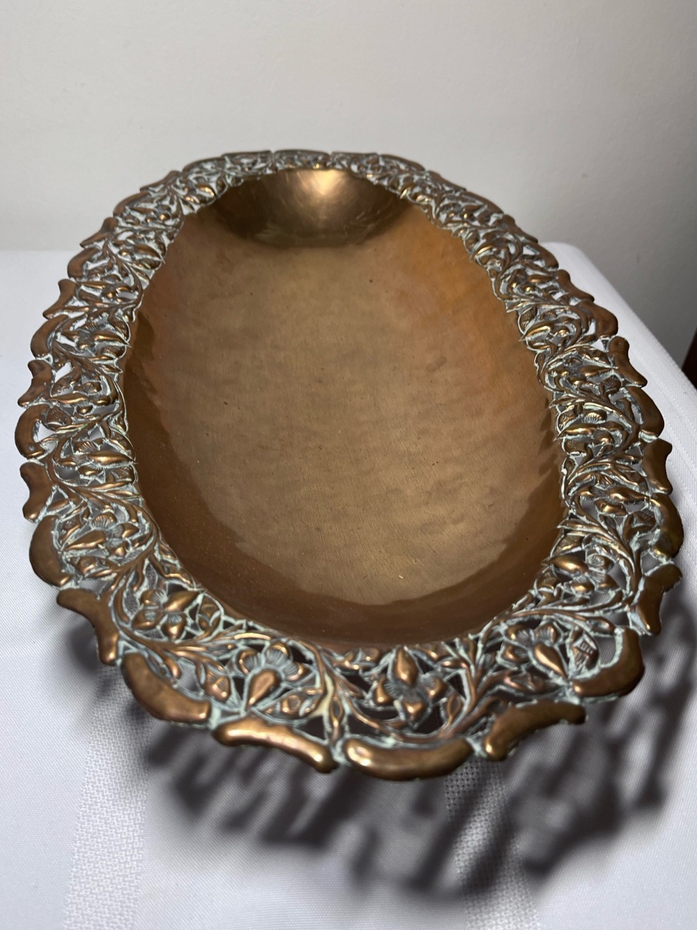 Vintage Footed Copper Centerpiece Bowl with Ornate Brass Filigree Rim